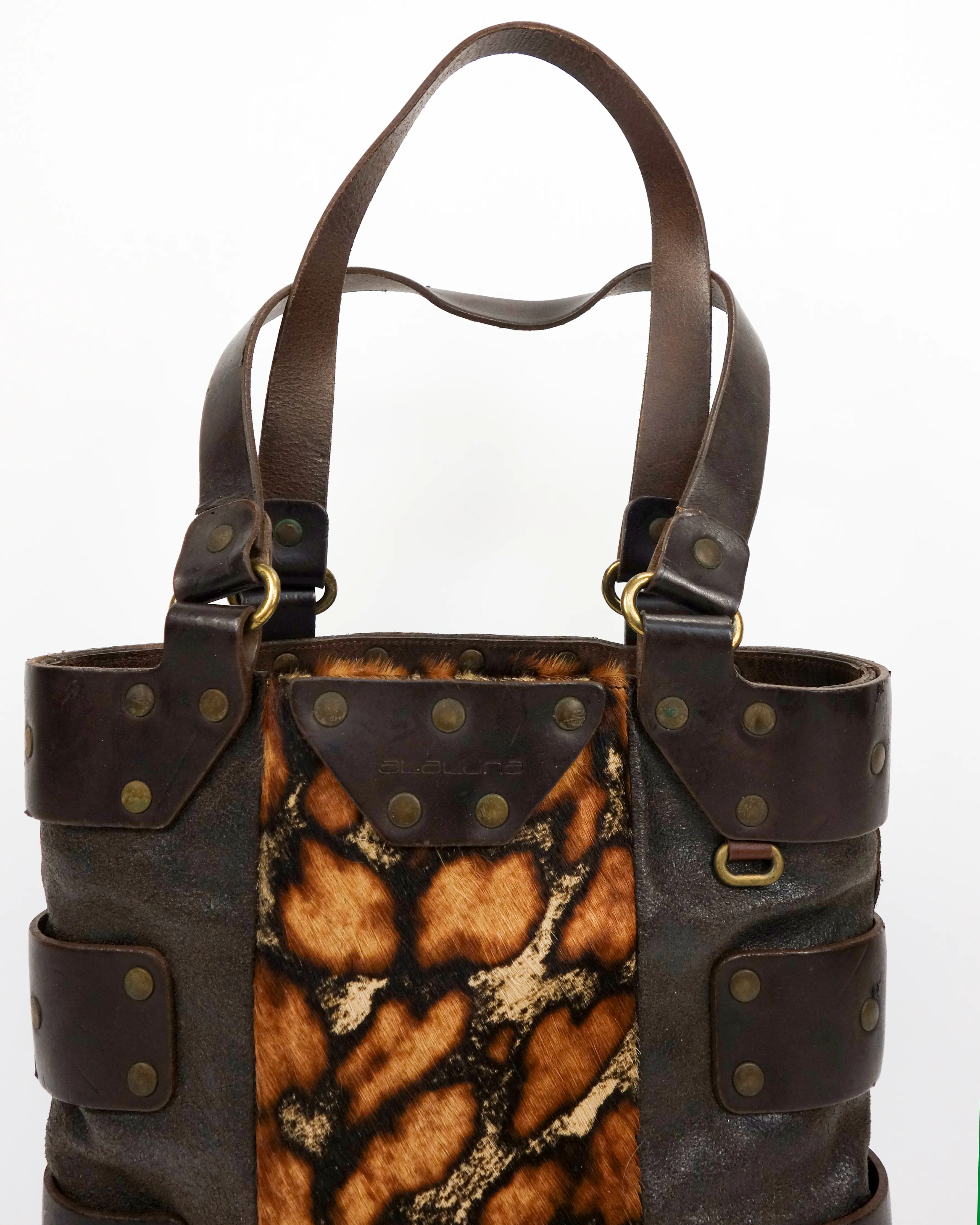 Alaluna Brown Leather   Animal Print Bag 2000's