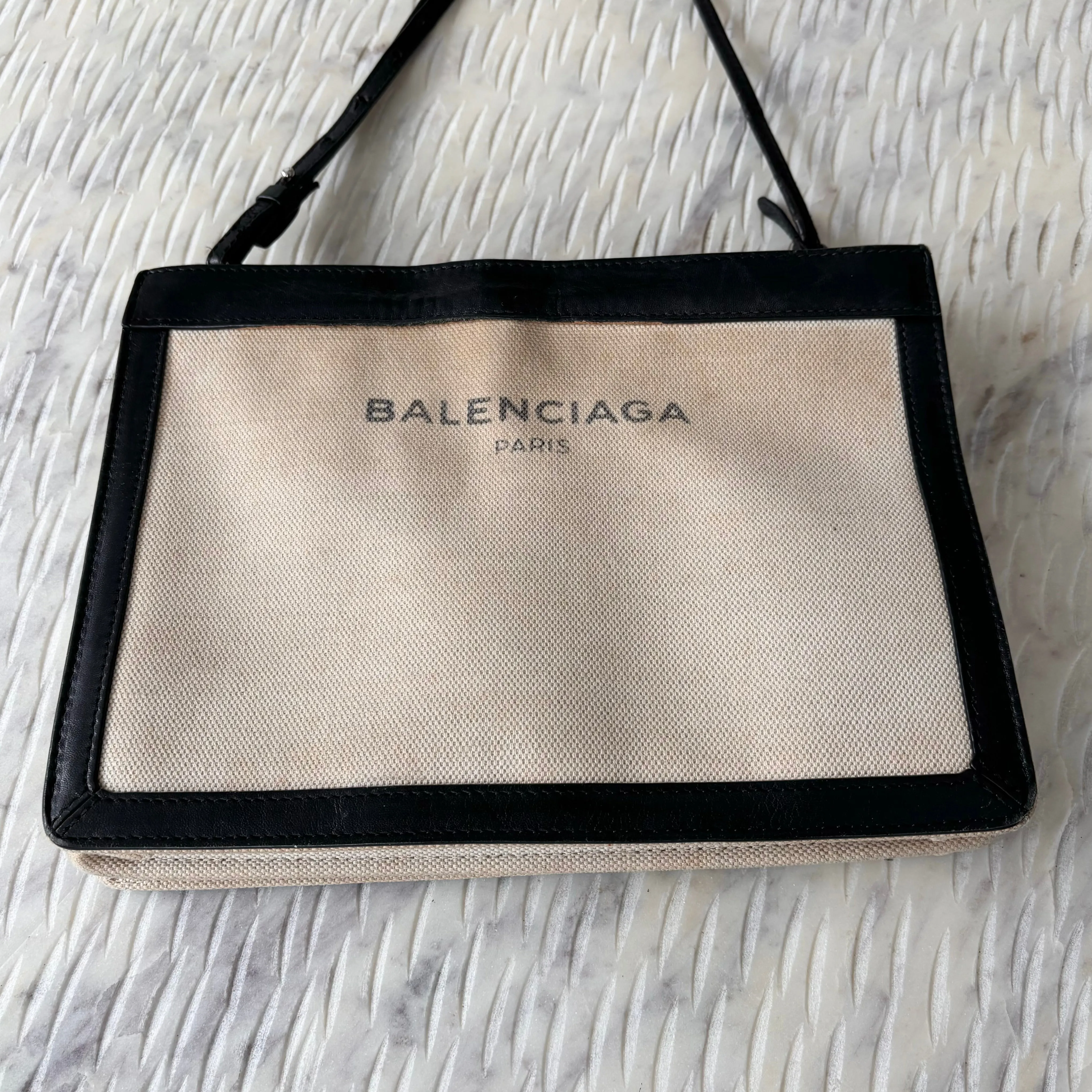 Balenciaga Cream Canvas Navy Leather Crossbody Pouch