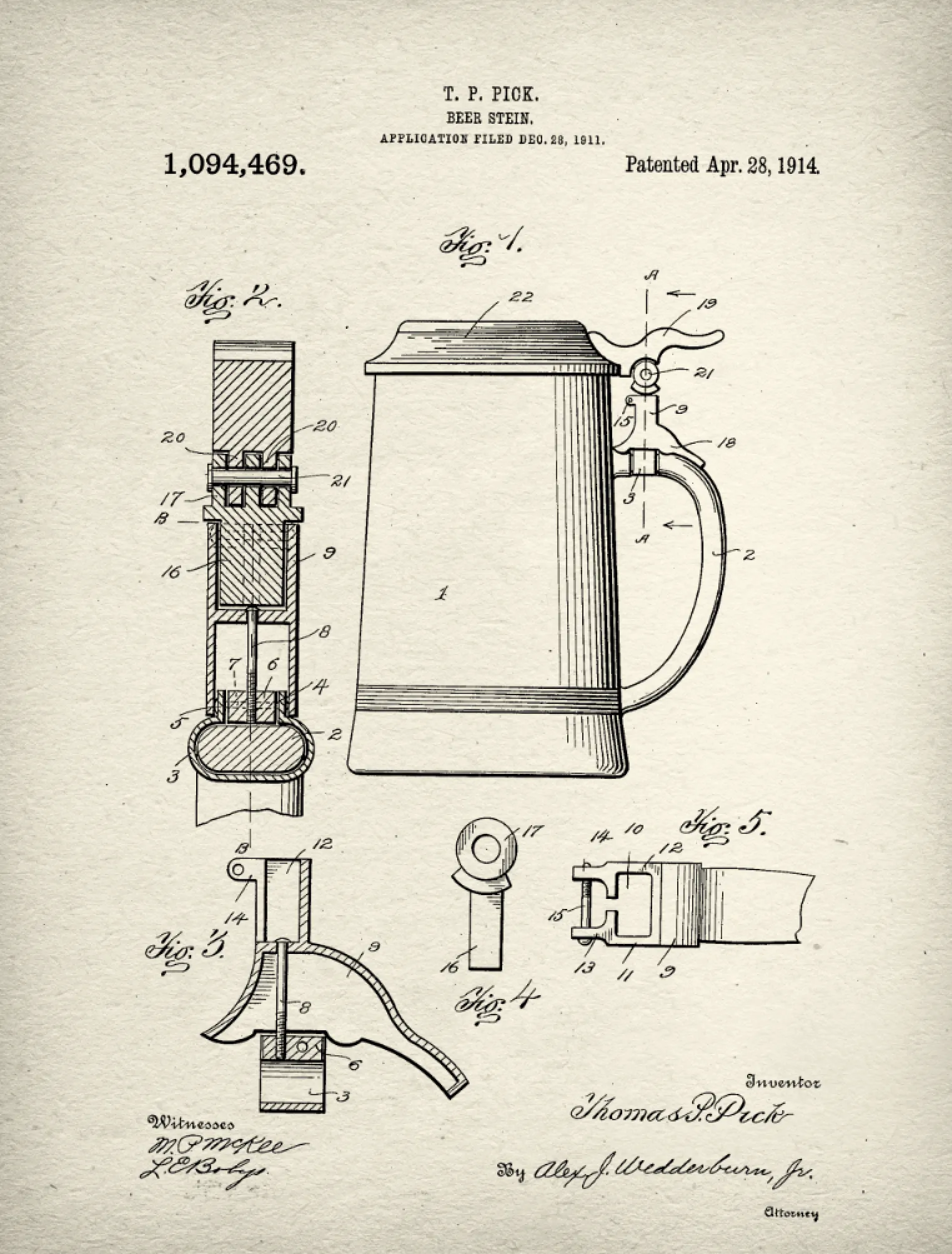 Beer Stein Patent Print Art on Canvas