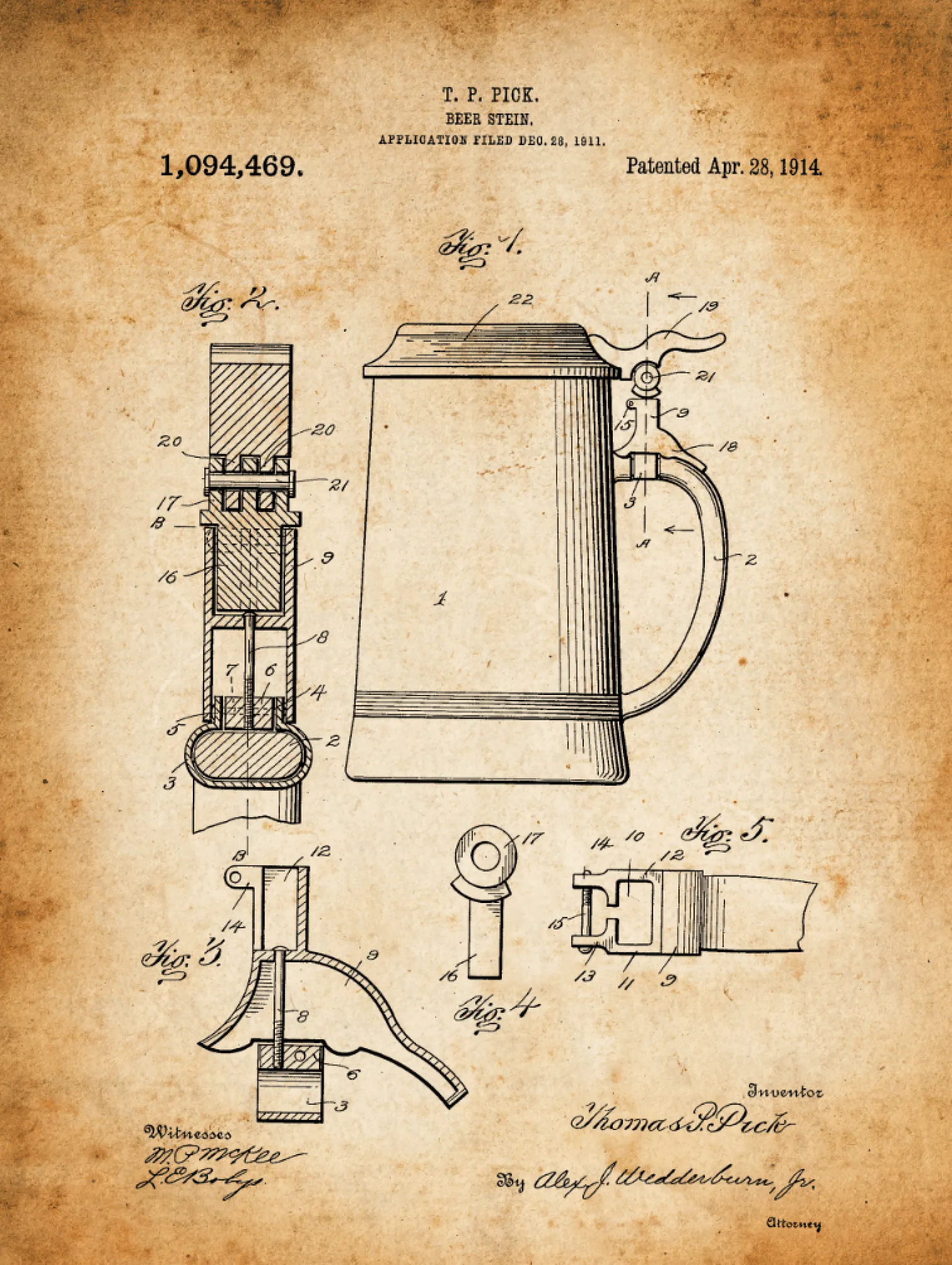 Beer Stein Patent Print Art on Canvas