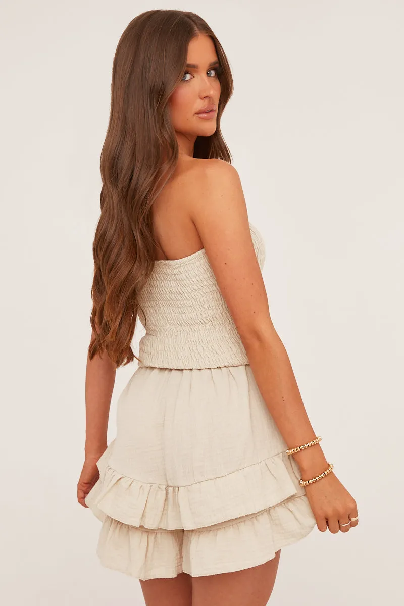 Beige Bandeau Shirring Detail Frill Hem Playsuit - Dacey