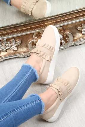 Beige Faux Suede Frill Slip On Trainers - Nara