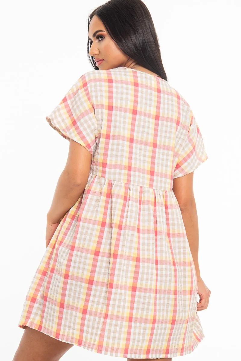 Beige Gingham Plunge Button Front Woven Smock Dress - Sianna