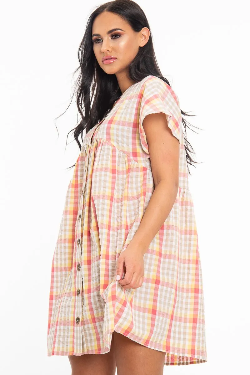 Beige Gingham Plunge Button Front Woven Smock Dress - Sianna