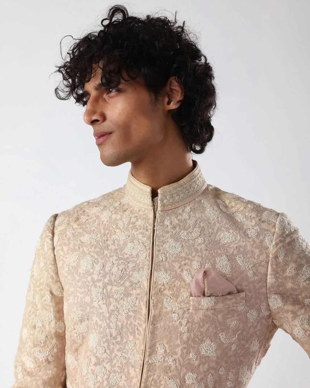 Beige Pink Thread Embroidery Sherwani Set