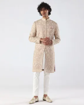 Beige Pink Thread Embroidery Sherwani Set