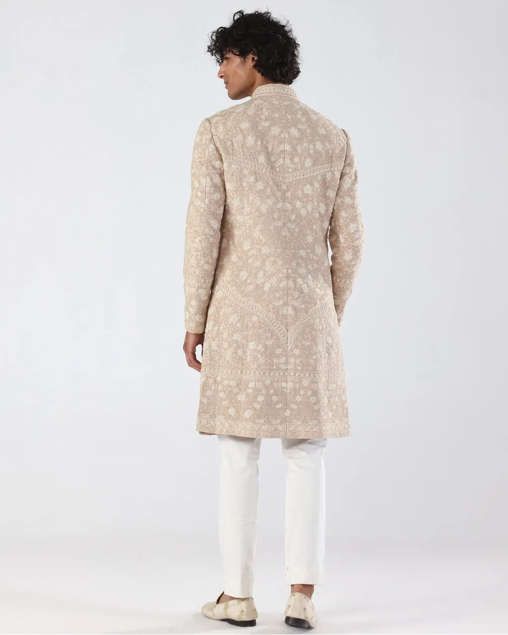 Beige Pink Thread Embroidery Sherwani Set