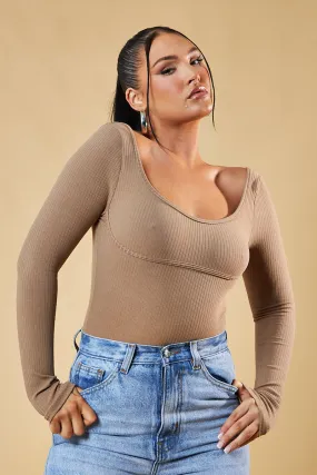 Beige Rib Knit Long Sleeve Bodysuit - Vari