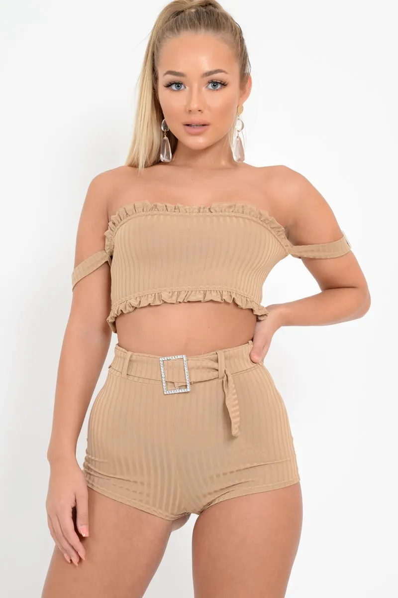 Beige Ribbed Bardot Crop Top and Shorts Co-ord - Elissa