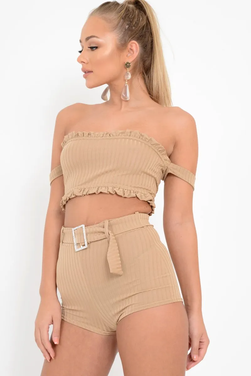 Beige Ribbed Bardot Crop Top and Shorts Co-ord - Elissa