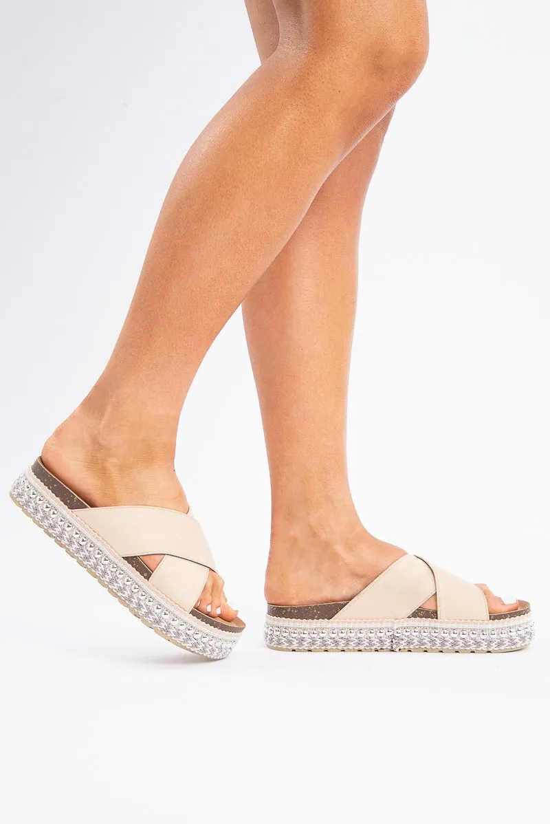 Beige Silver Studded Platform Slider - Camyia