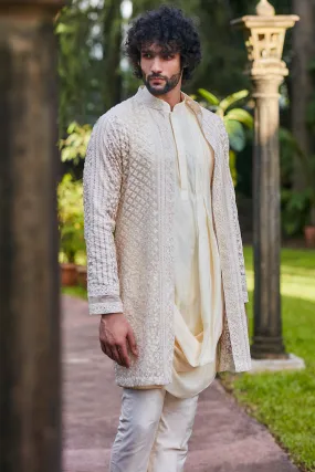 Beige Sleeveless Drape Kurta with Pants