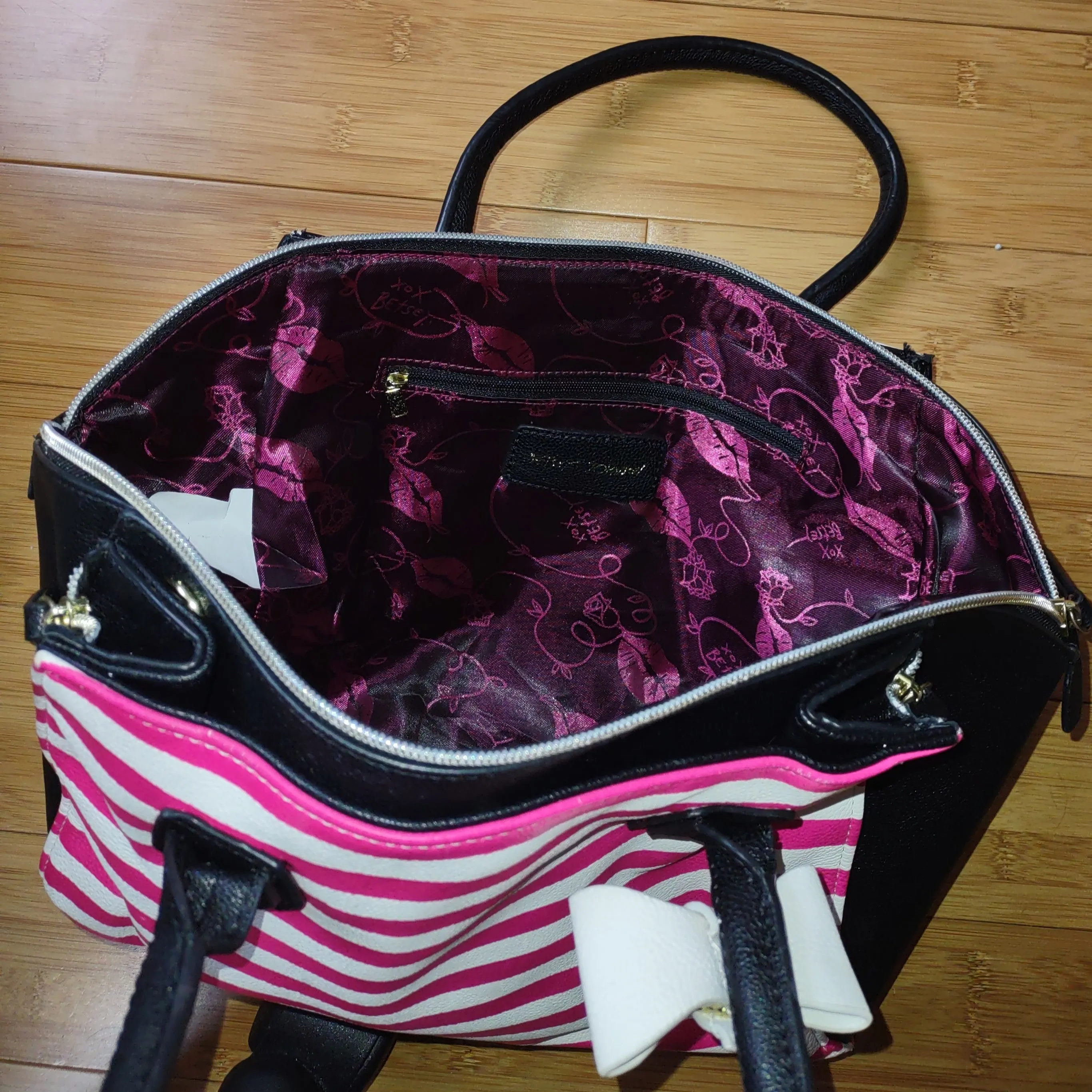 Betsey Johnson Handbag Black Pink White Stripes