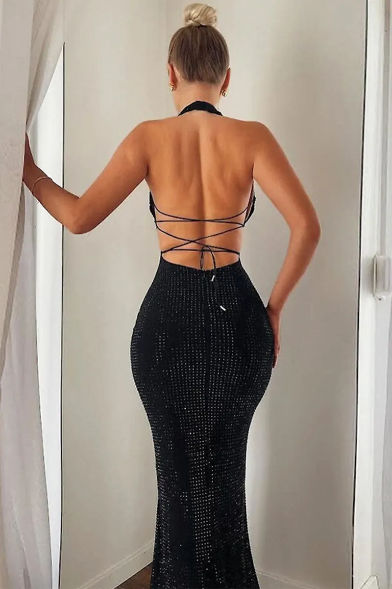 Black Backless V Neck Bodycon Maxi Dress