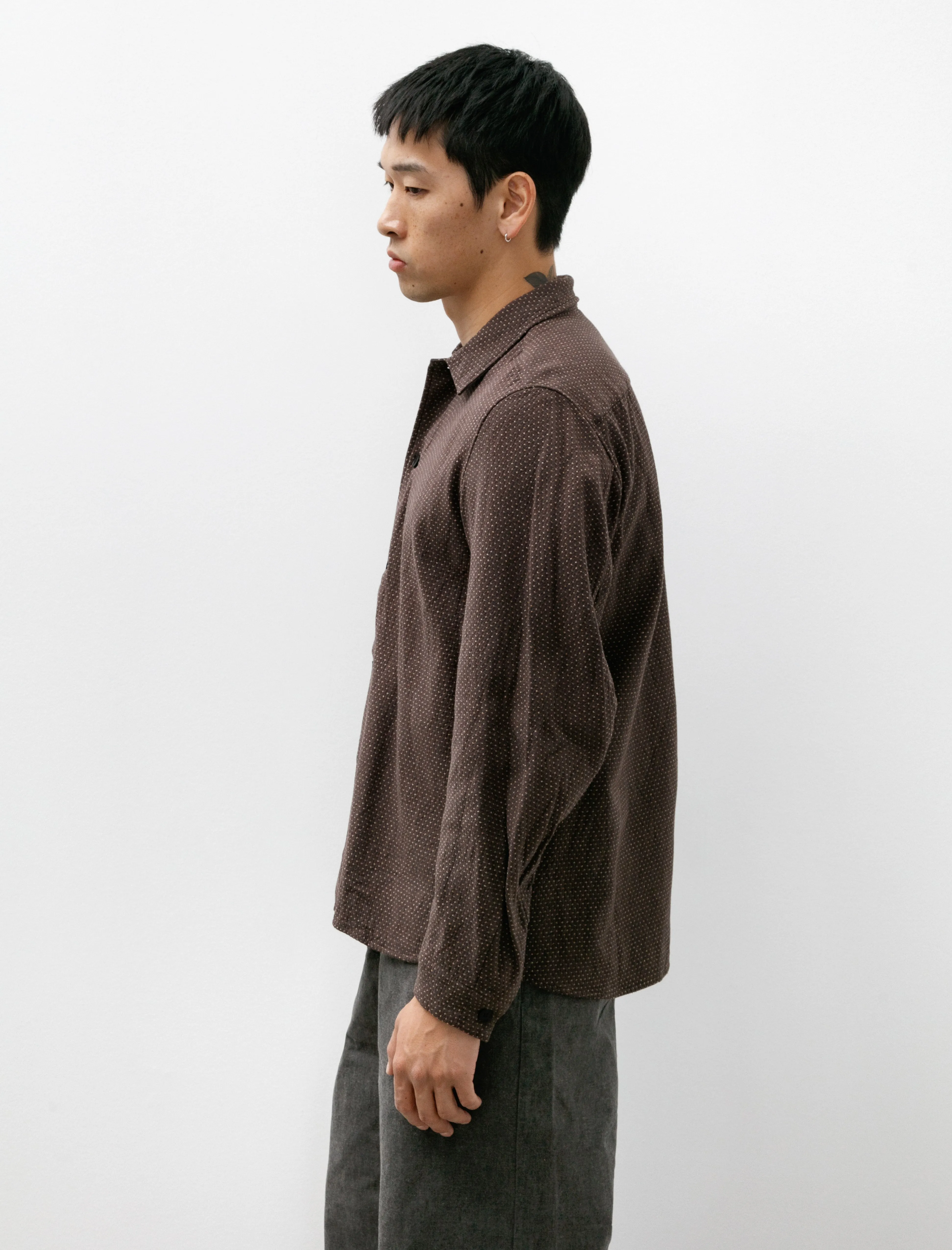 Bow Sleeve Shirt Brown Sashiko Cloth