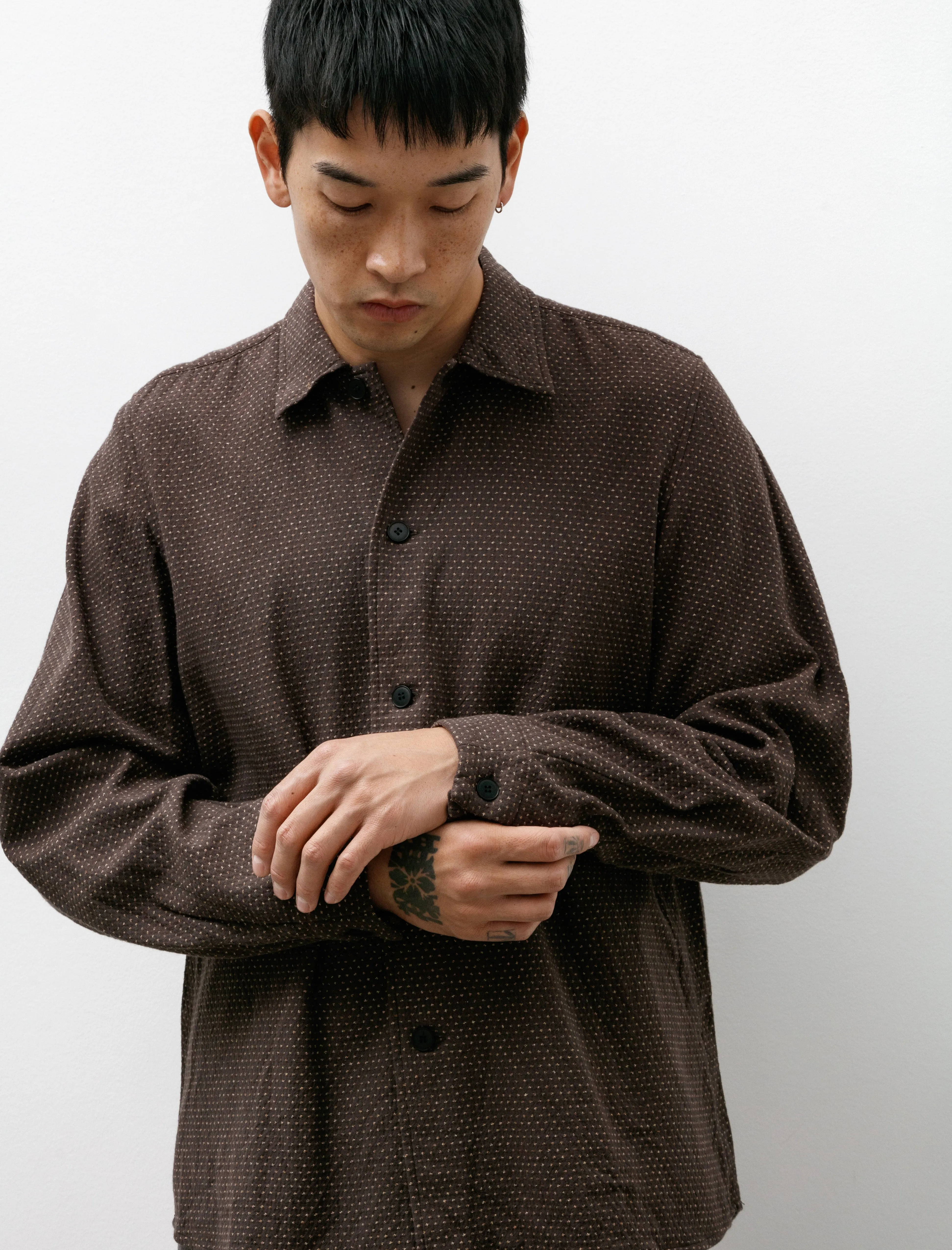 Bow Sleeve Shirt Brown Sashiko Cloth