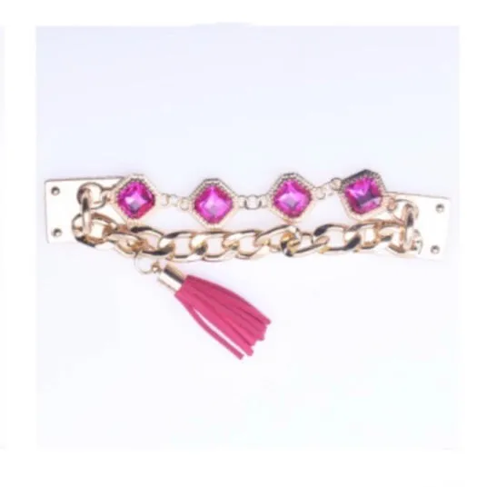 CHAIN SHOE CHARMS - GOLD HEAVY CHAIN FUCHSIA GEMS TASSEL