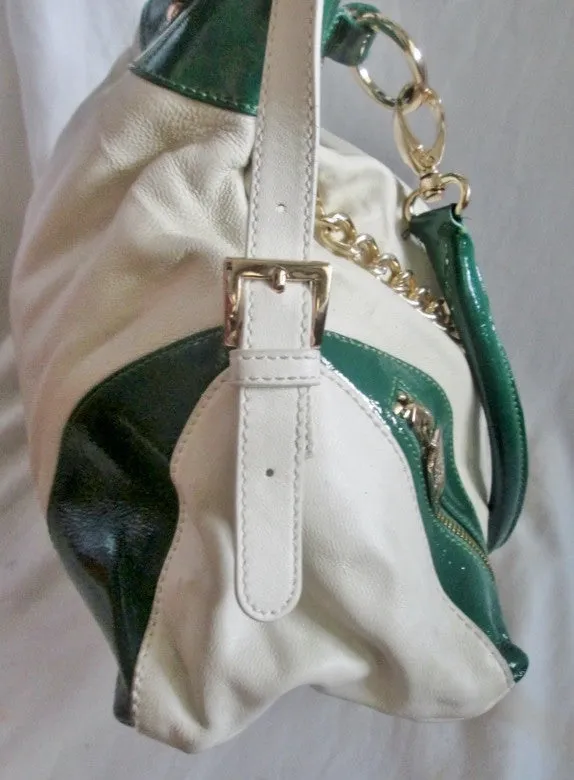 CHRISTINE PRICE Boutique leather tote satchel shoulder bag carryall L WHITE GREEN GOLD