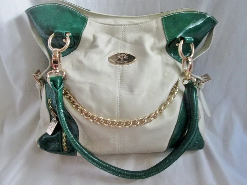 CHRISTINE PRICE Boutique leather tote satchel shoulder bag carryall L WHITE GREEN GOLD