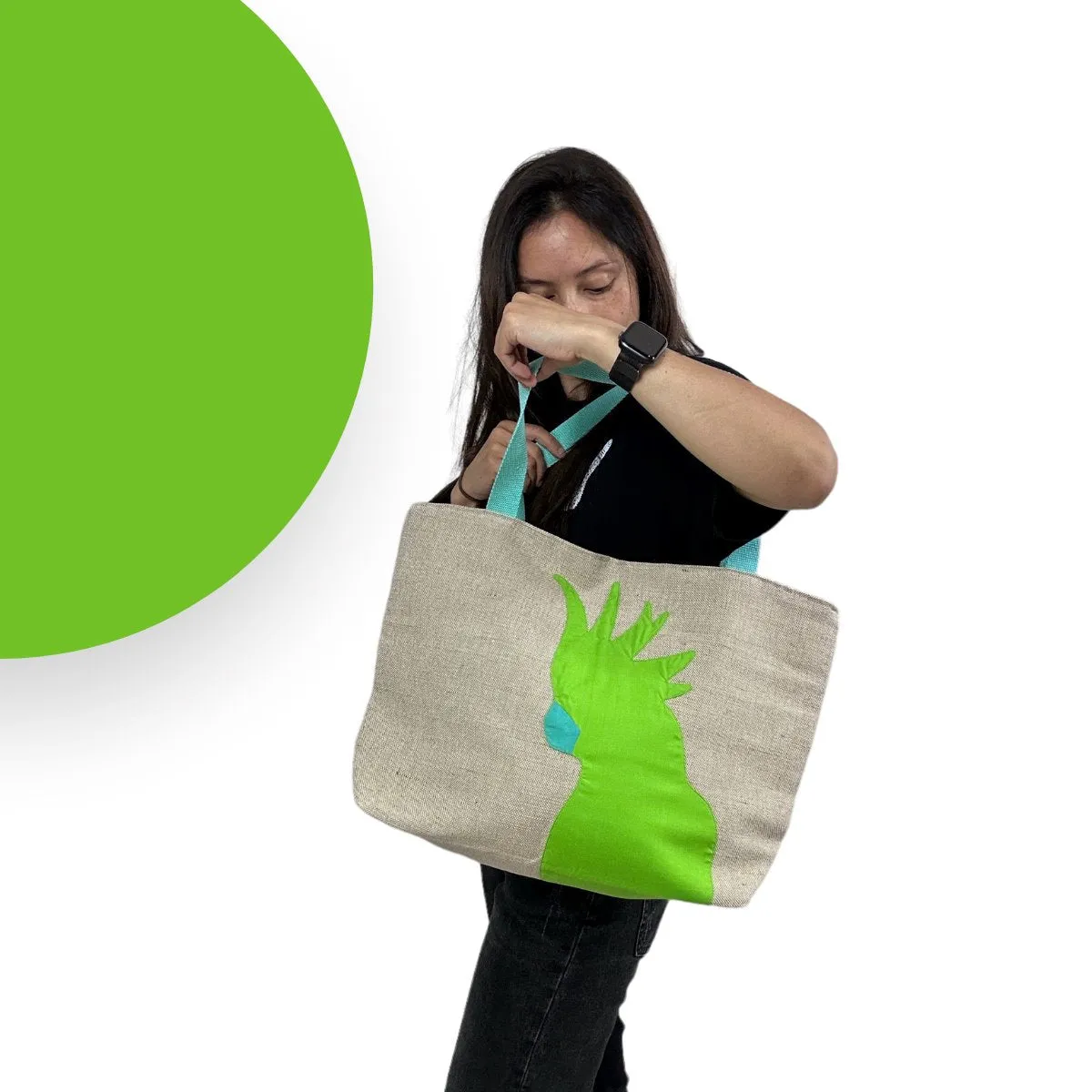 Cockatoo Jute Tote Bag in Lime Green