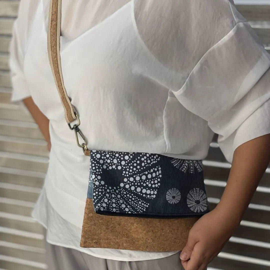 Cork & Fabric Bag - Kina White on Blue & Dark Grey