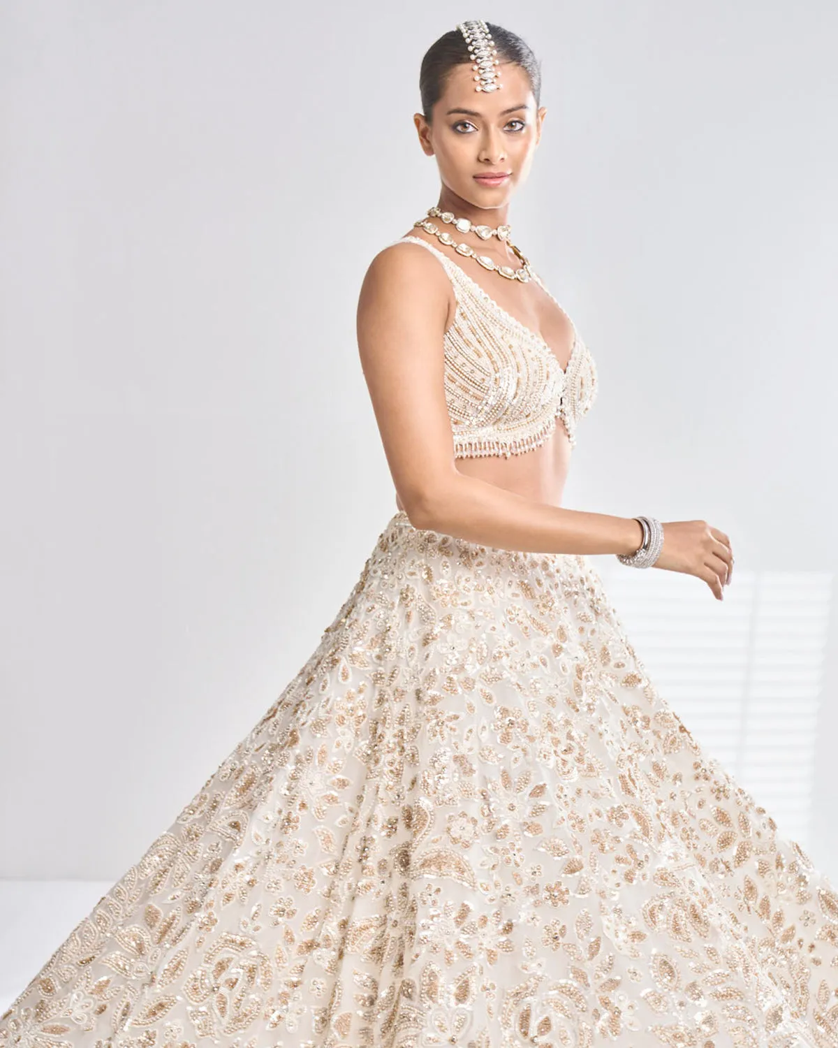 Cream Gold Floral Lehenga Set