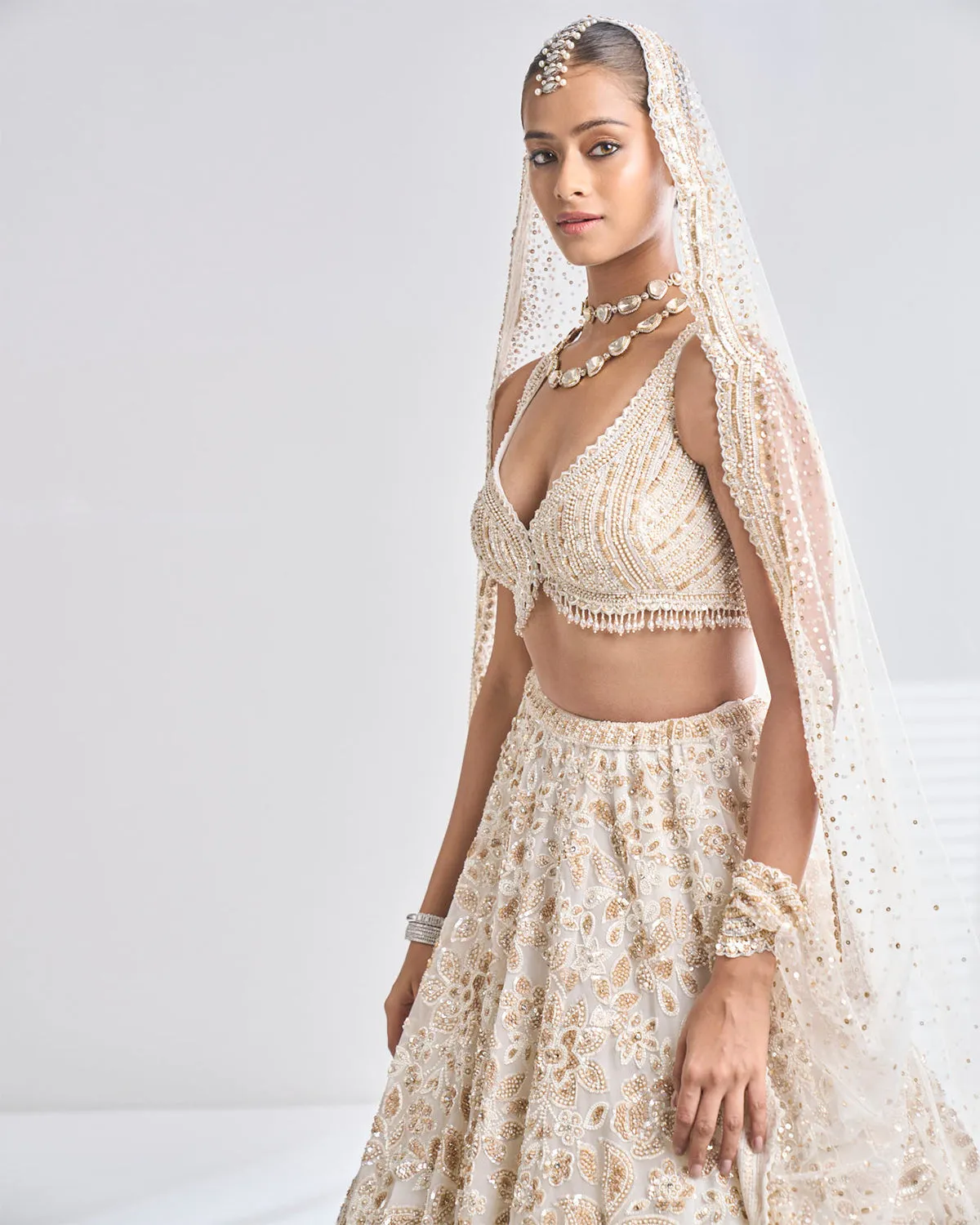 Cream Gold Floral Lehenga Set