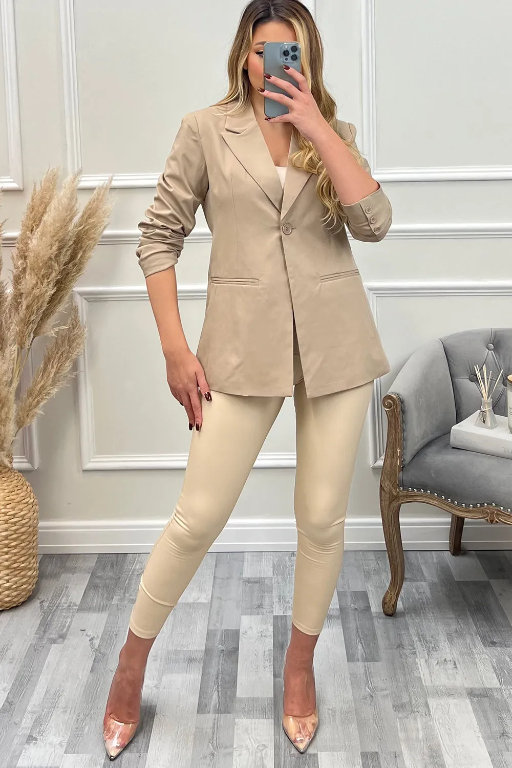 Cyndi Beige Button Tailored Blazer