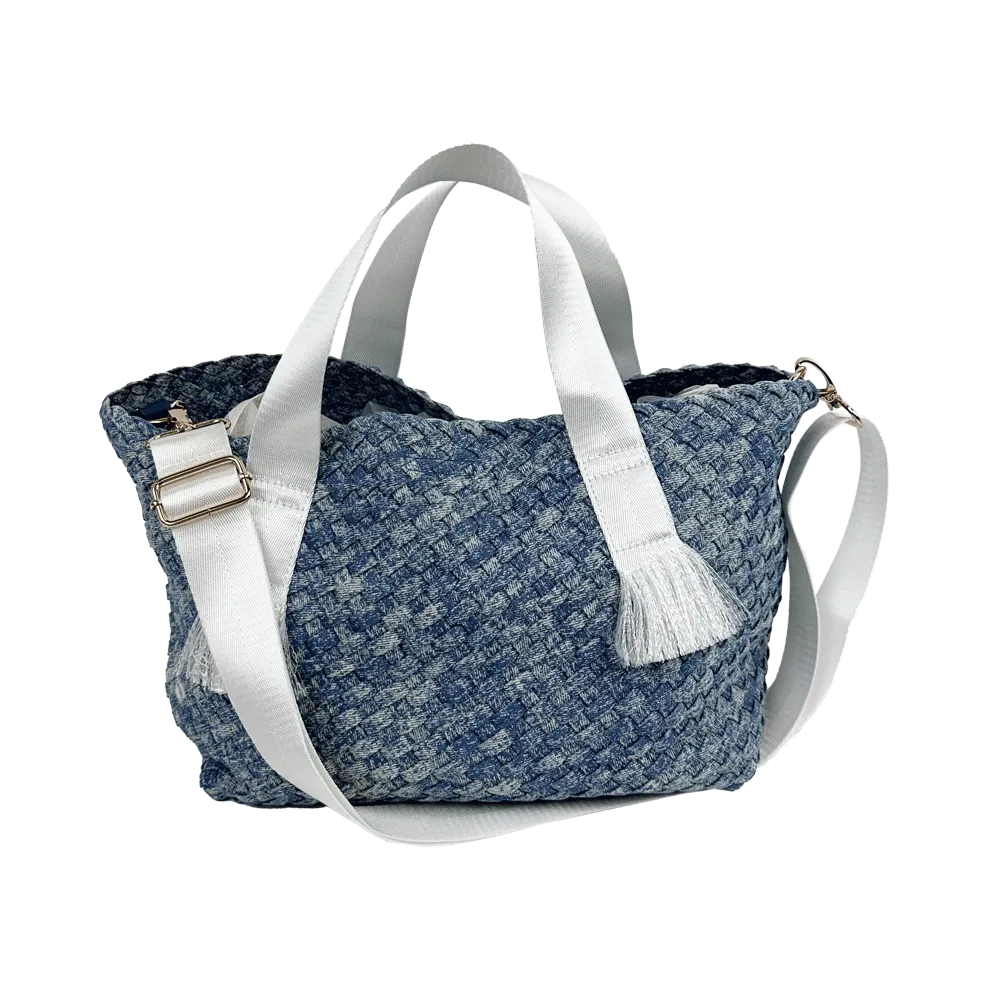 Daria Large Woven Denim Tote w/ Contrast Handles w/ Crossbody Strap