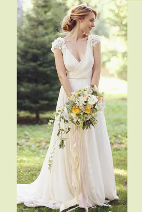 Deep V Neck Short Sleeve Wedding Dresses,Sheer Back Appliques Wedding Gown,SW67