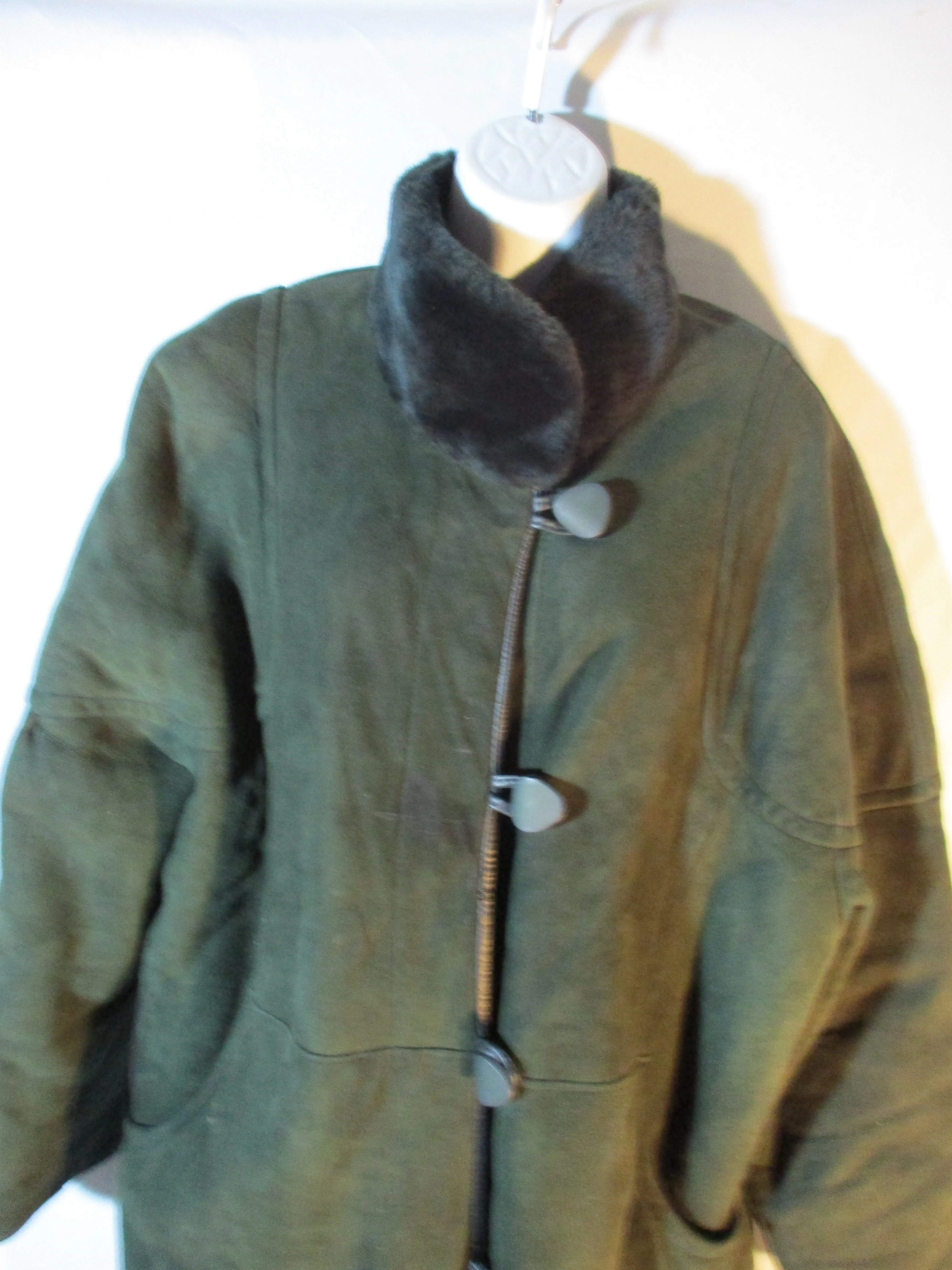 Genuine RAFEL SHEARLING SUEDE Maxi Leather jacket coat GREEN 8 Sheepskin