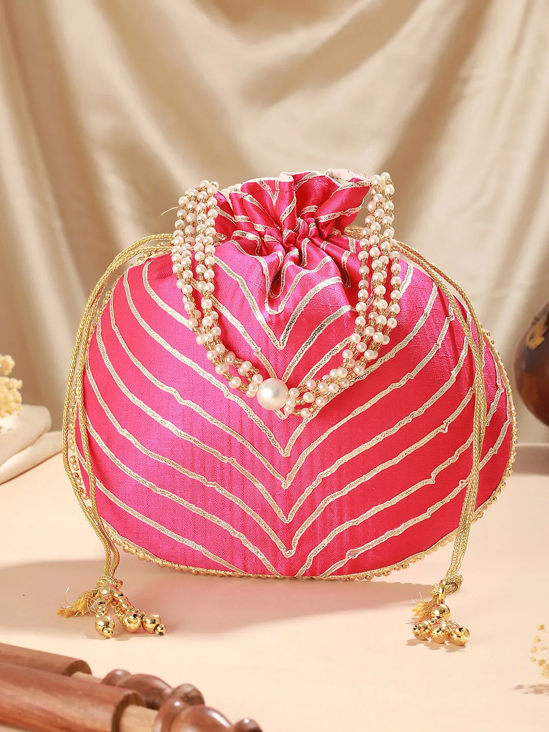 Hot Pink & Gold Embellished Potli Clutch