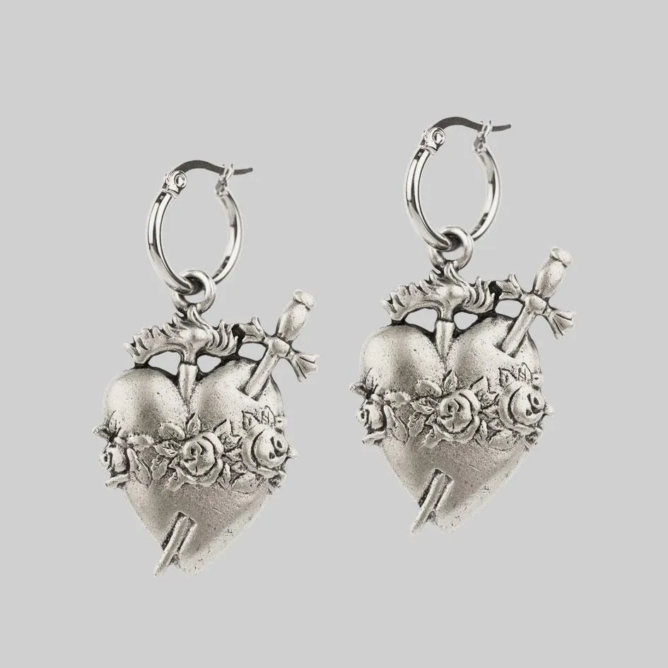 INFERNO. Sacred Heart Hoop Earrings - Silver