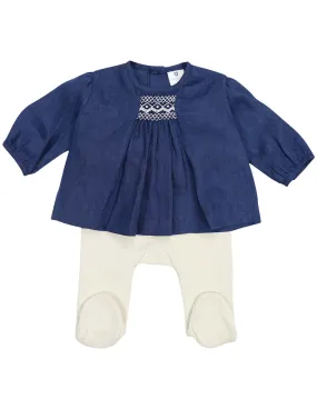 Korango Classique Girl Lined Hand Smocked Blouse with Knit Leggings - Navy/Beige