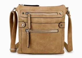 LARGE TAUPE MULTI COMPARTMENT CROSSBODY BAG WITH LONG STRAP