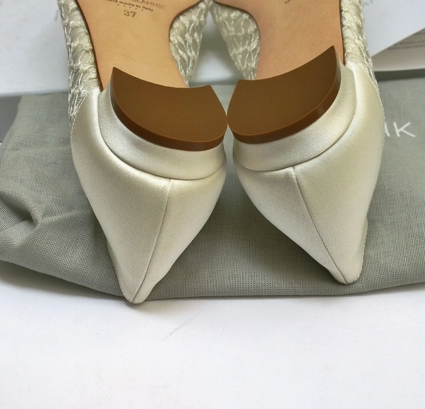 Manolo Blahnik Hangisi Off White Lace Rhinestone Buckles Flats Shoes