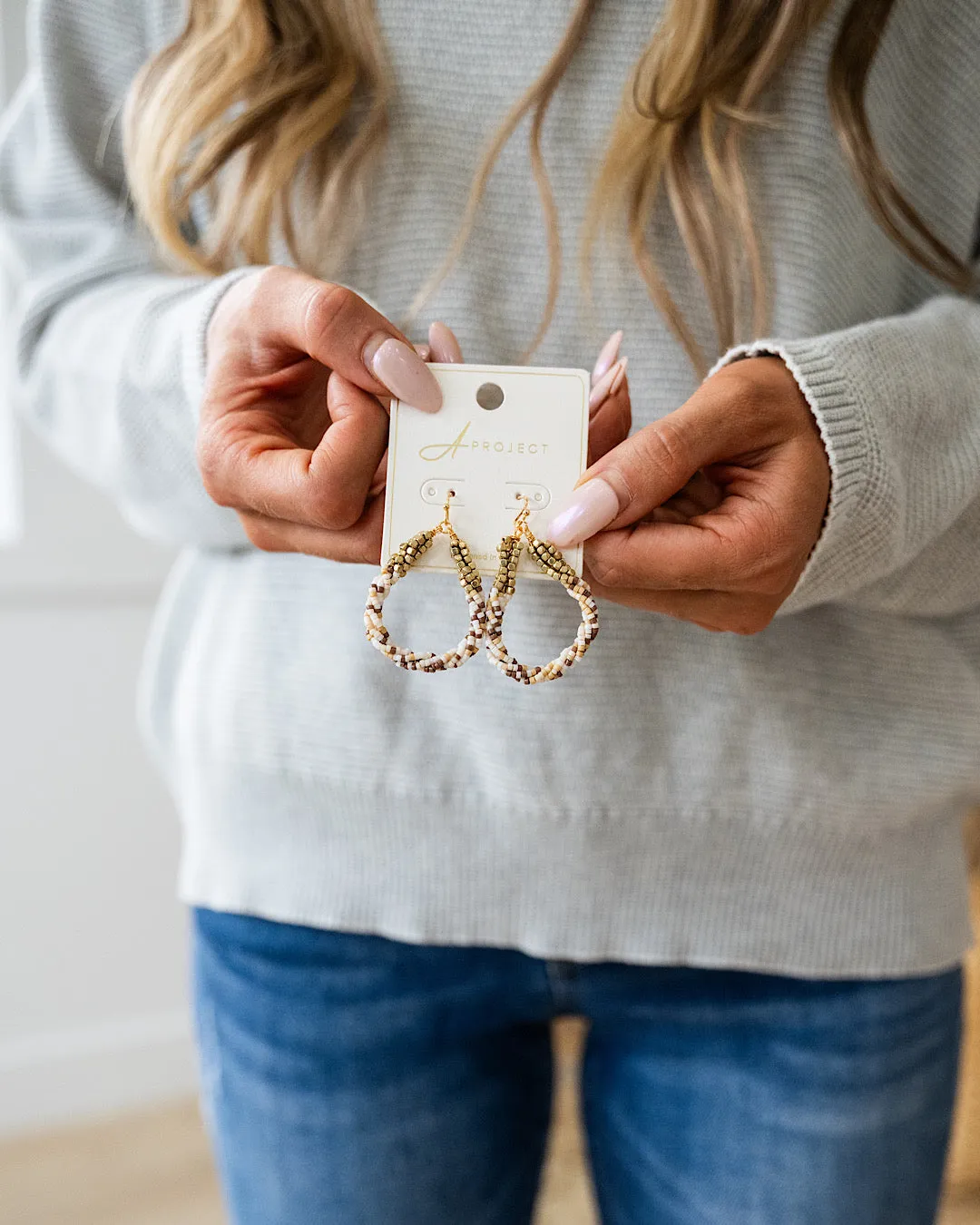 NEW! Twisted Beaded Teardrop Earrings - Beige and Tan