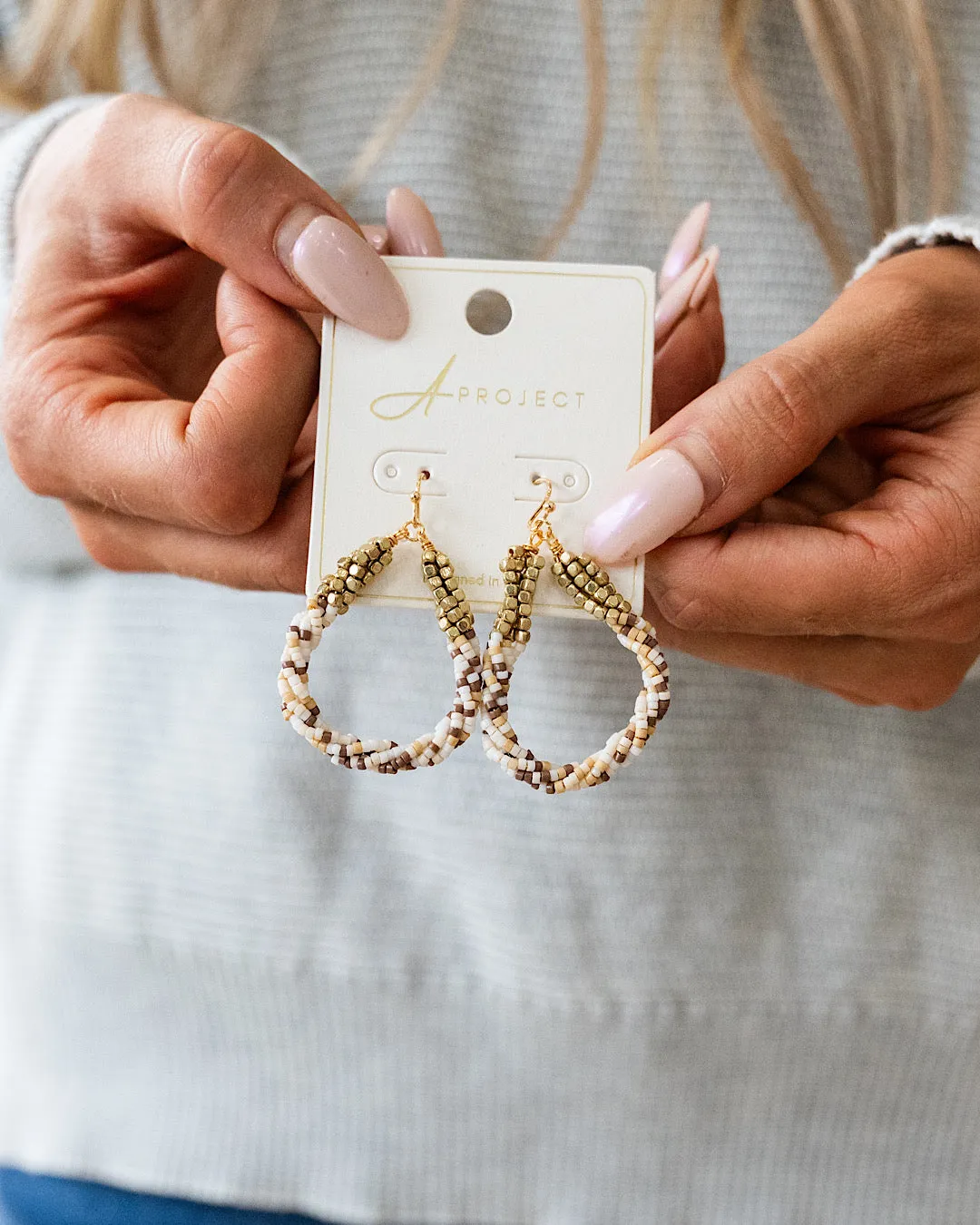 NEW! Twisted Beaded Teardrop Earrings - Beige and Tan