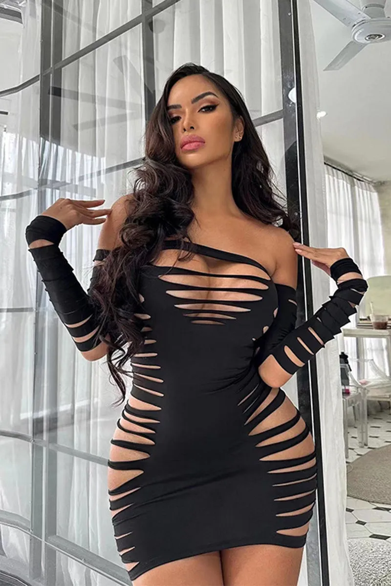 Off Shoulder Cutout Mini Dress Long Sleeve