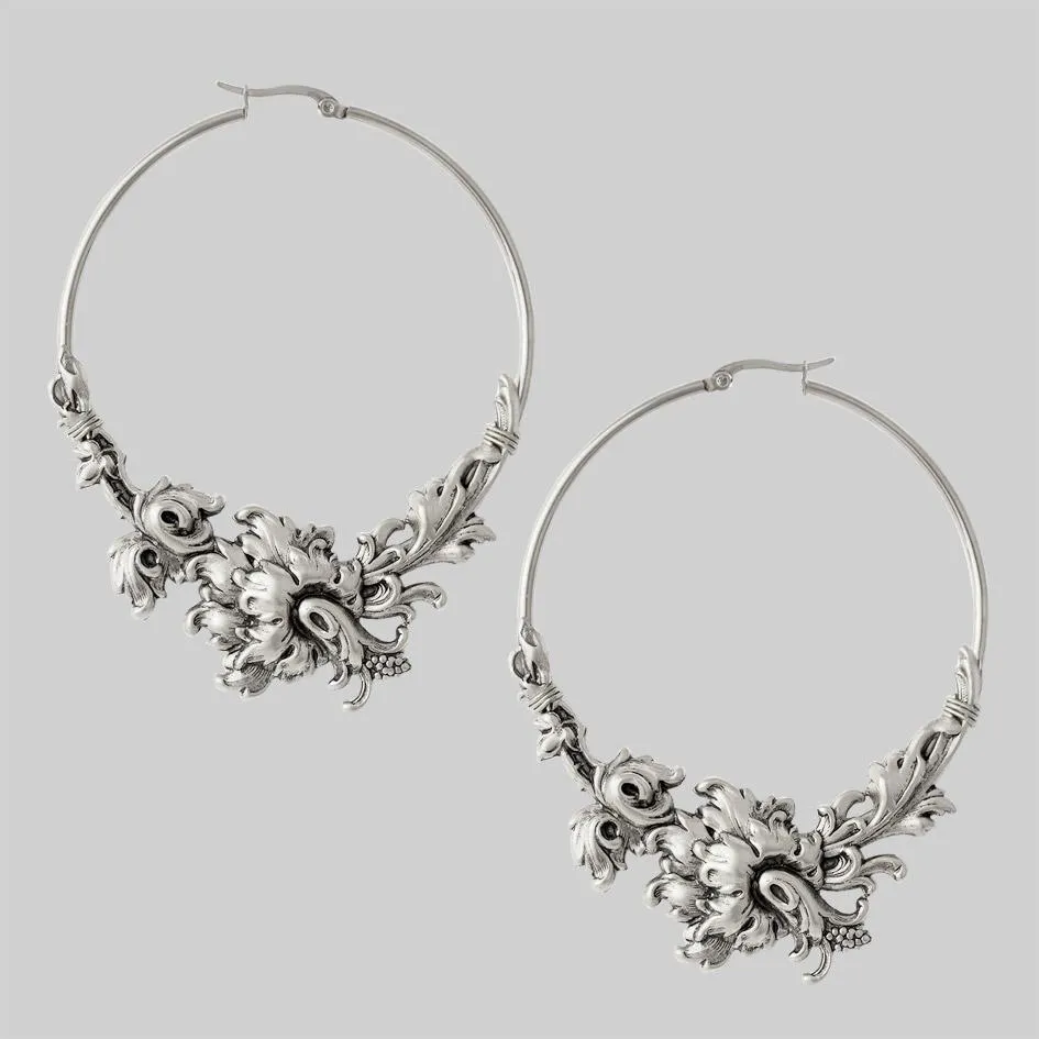 PARADISE. Ornate Floral Hoop Earrings - Silver