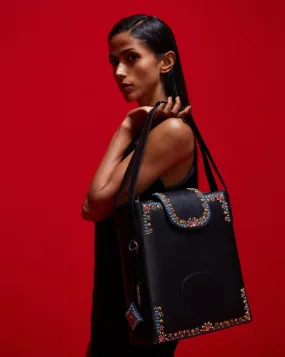 The Flappie Tote Leather : Black (With Beads Embroidery)