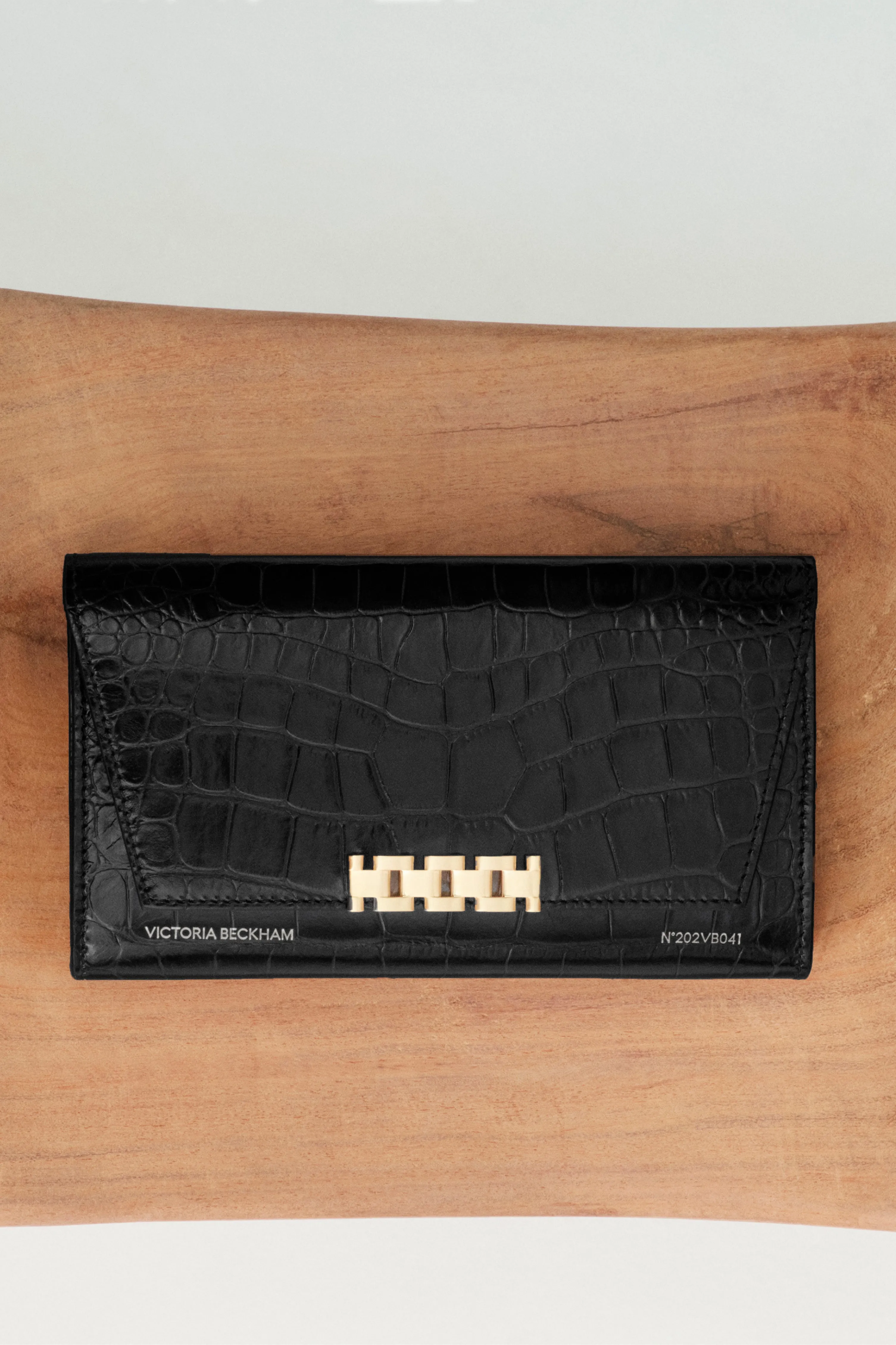 Wallet On Chain In Black Croc-Effect Leather